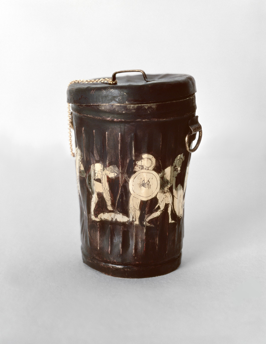 “Calyx Krater Trash Can” by James Rosenquist 1976, etched and painted 18K gold, about 4½ inches tall with a 2<sup>7</sup>/<sub>8</sub> inch diameter. Collaboration: Donald Saff.