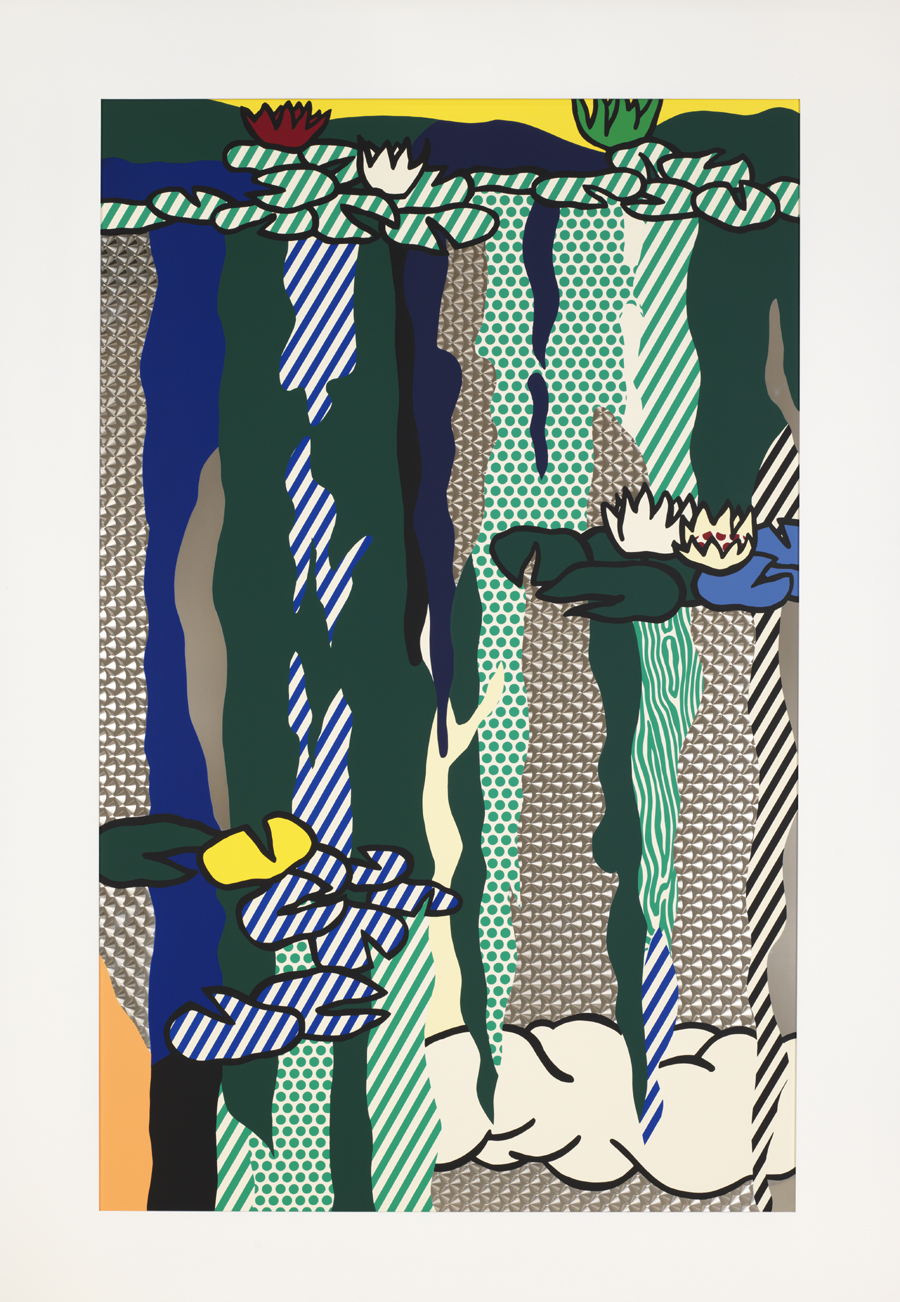 “Water Lilies with Cloud” by Roy Lichtenstein, 1992, screen printed enamel on stainless steel with engine turning and powder-coated aluminum frame designed by the artist, 65½ by 44¾ inches. Collaboration: Donald Saff, Nick Conroy, Ken Elliot, Patrick Foy, George Holzer, Tom Pruitt, Conrad Schwable, assisted by Tim Amory and Maggi De Lamater