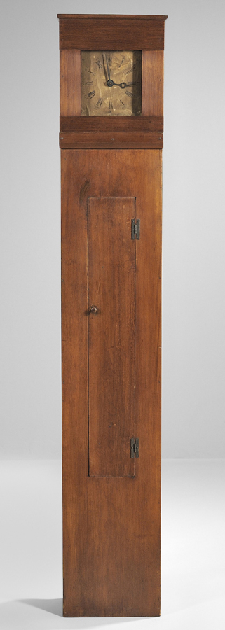 Tall-case timepiece by Isaac Newton Youngs, New Lebanon, N.Y., 1834,<br>with 30-hour wooden works, signed and dated “I.N.Y January 21, 1834,”<br>$ 24,600 ($ 20/30,000). Collection of Suzanne Courcier and Robert W. Wilkins.