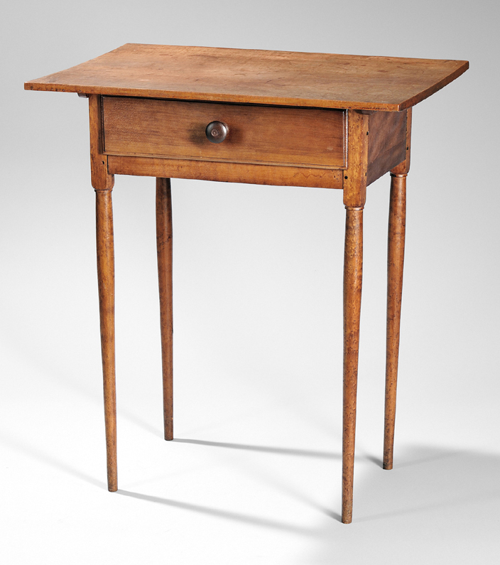 One-drawer table, Enfield, N.H., inscribed in pencil on drawer bottom<br>“Infirmary 1917,” $ 52,275 ($ 20/30,000). Furniture from Enfield was moved to Canterbury after the Enfield Community closed. Collection of Erhart Muller.