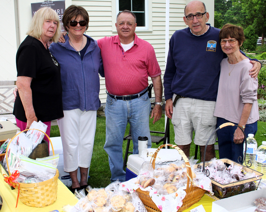 The show is a major fundraiser for the Old Saybrook Historical Society. From left, Irmy Hermanson, Drinagh Garofalo, Ed Mosca, Matthew Rubin and society President Marie McFarlin, members  who sold homemade baked goods and society books and gifts.