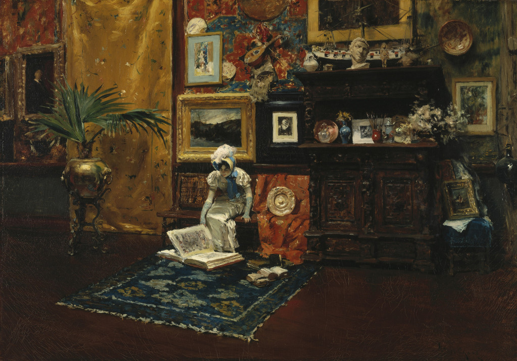 Chase established his studio, the setting for many of his portraits and interiors, in New York’s famed Tenth Street Studio Building in 1878, just after returning from Europe. “Studio Interior,” about 1882. Oil on canvas. Brooklyn Museum. 