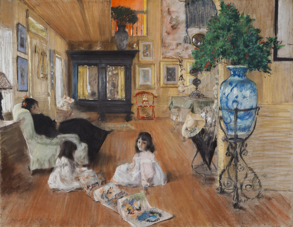 In 1891, Chase established a studio in Shinnecock, Long Island, N.Y., and founded a summer art school there. This scene of his family poring over a portfolio of Japanese prints shows how work and play intertwined for the artist. “Hall at Shinnecock,” 1892. Pastel on canvas. Terra Foundation for American Art, Daniel J. Terra Collection.