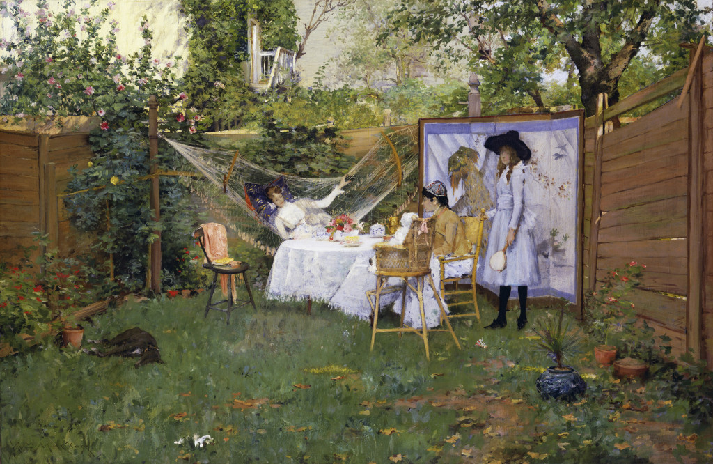 In the late 1880s, Chase and his young family briefly lived with his in-laws in Brooklyn. Chase was fascinated with the city’s impressive parks, as well as its humble backyard gardens, which he rendered in spatially sophisticated compositions. “The Open Air Breakfast,” about 1888. Oil on canvas. Toledo Museum of Art.