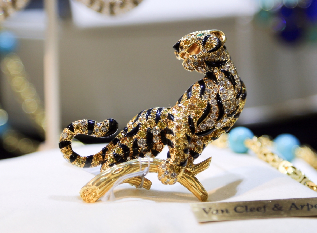 A Van Cleef & Arpels tiger featuring fancy yellow diamonds, cut onyx and emeralds at the booth of Vock & Vintage, New Canaan, Conn.