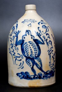 Sold to a collector for $74,750 ($30/$50,000), the sale’s top lot was this 4-gallon jug decorated with a leaping frog. Potter George Prouty inscribed the 17½-inch-tall presentation piece with the name of his son, Frank. The jug dates to circa 1875 and is stamped “New York Stoneware Co. / Fort Edward, N.Y.” The extensively exhibited piece once belonged to the noted folk art collector Daphne Farago of Rhode Island.