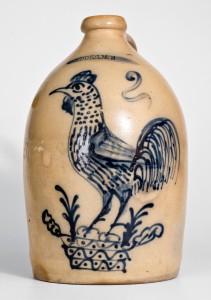 Crocker Farm considers this 2-gallon jug one of the best rooster-decorated examples of American stoneware it has sold. Stamped “Geddes, N.Y.,” it was decorated by William H. Farrar in the third quarter of the Nineteenth Century and exceeded high estimate to bring $19,550.