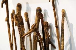 Carved walking sticks with flowing beards by William Abbott Willard at Arborfield Americana, St Louis.