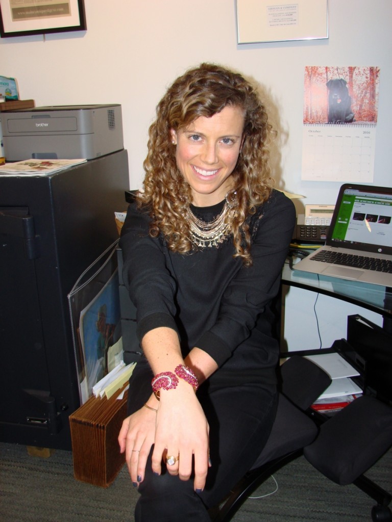 Lucy Grogan wears her favorite piece of jewelry in the sale, a diamond and carved ruby bangle bracelet by Boucheron set in gold and platinum, signed and dated to about 1945. “It’s got everything going for it.” Bidders agreed and the piece earned $42,700.