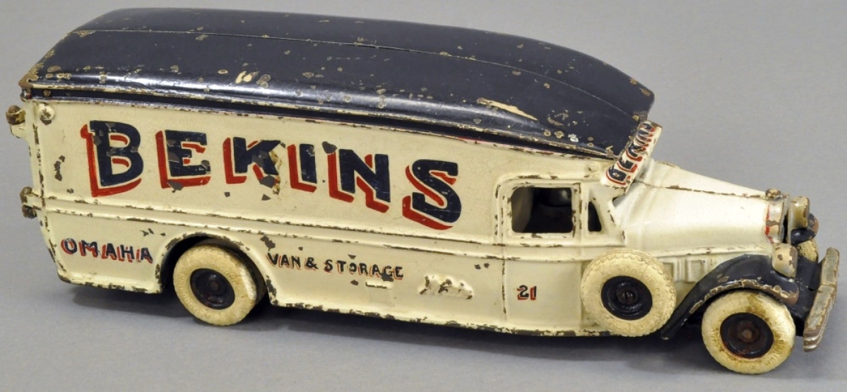 “We have lots of interest in this lot,” Tim Luke, auctioneer said as he offered lot 66, an Arcade Bekins Moving Van painted white with advertising on the sides, 1929, cast iron, opening rear doors and measuring 13 inches long. This toy, with a high estimate of $6,000, went to a phone bidder for $16,520. It was in excellent condition and was from the Donald Kaufman Collection.