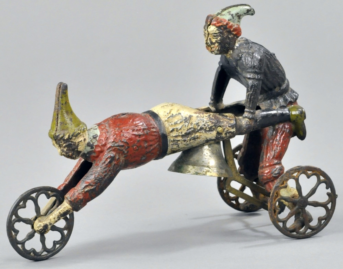 Bidding was strong for this Ives Leap Frog bell toy, noted in the catalog that “This is the second example known by us, presented fresh from a North Carolina estate who has had it for over 20 years.” It is of cast iron, hand painted, 8¾ inches long, very good condition, and opened at $3,500 against a $10,000 high estimate. It sold to a phone bidder for $14,160.