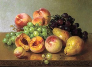 “Still Life with Peaches, Pears and Grapes” by Robert Spear Dunning (1829–1905), 1891, oil on canvas, 13 by 17 inches, $45,600 ($25/35,000).