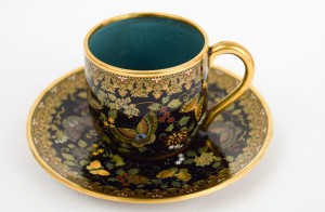 Namikawa Yasuyuki was one of Japan’s most accomplished cloisonné artists during the Meiji period. This finely decorated cup and sauce is signed on the handle, and earned $19,890.