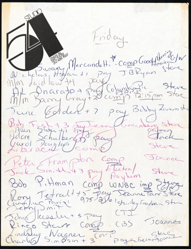 Among the notable names seen here are Liberace, Ringo Starr, Peter Frampton and Lindsey Wagner. More than 400 historical items are on view in the exhibition. Studio 54 Guest List, 1978.