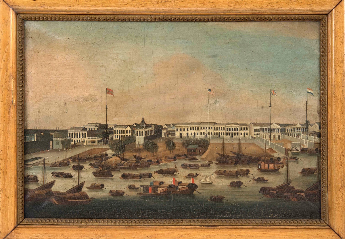 This unsigned Chinese oil on canvas painting, Nineteenth Century, of the Hongs at Canton with Spanish, American, English and Dutch flags, measured 16 by 23½ inches. Verso is a label marked “Brought from China by Anson Burlingame Minister to China.” Interest drove the painting past its modest $8/12,000 estimate to $21,600.