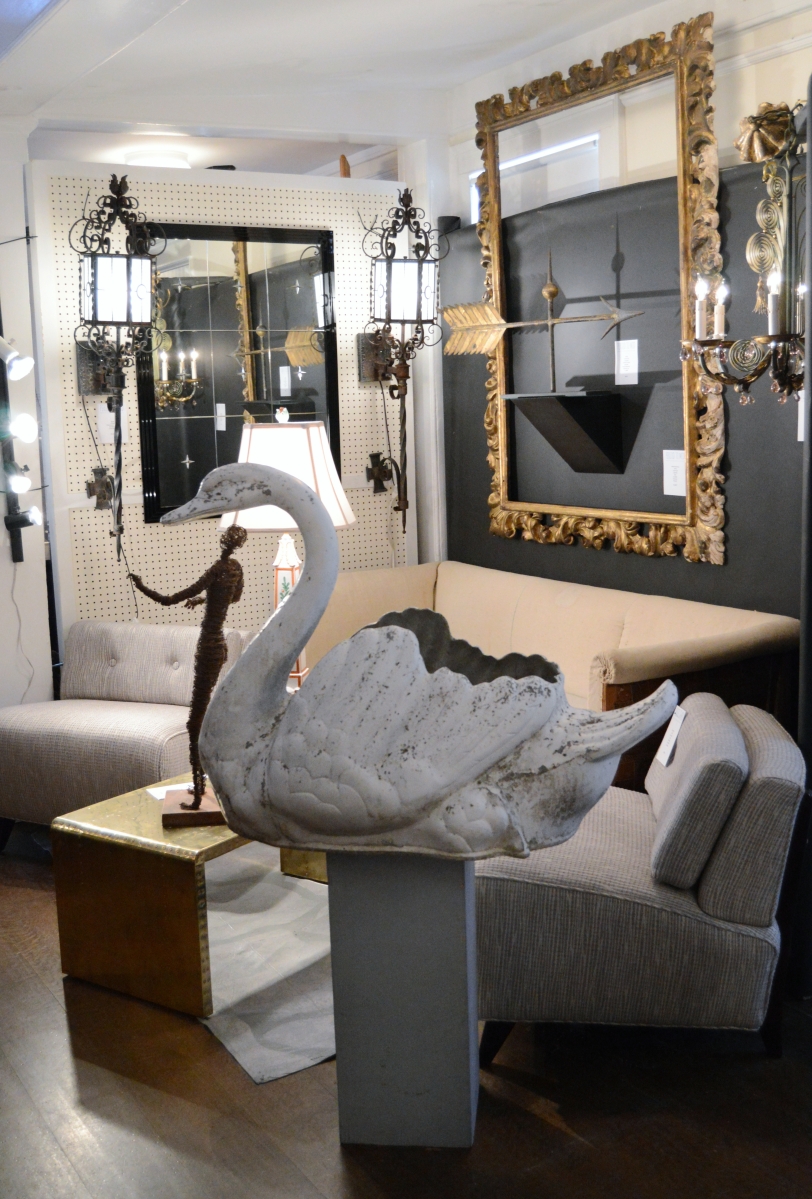A pair of 1950s cast aluminum swan planters in a nice large size was displayed at Brennan & Mouilleseaux, Northfield, Conn.