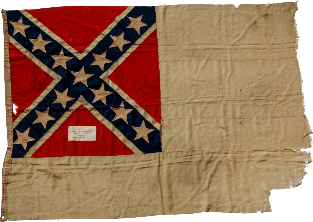 This completely handstitched Confederate Second National Flag, “The Stainless Banner,” captured February 16, 1865 at Battery Bee in Charleston (S.C.) Harbor was the subject of fierce bidding that drove it to $40,000.