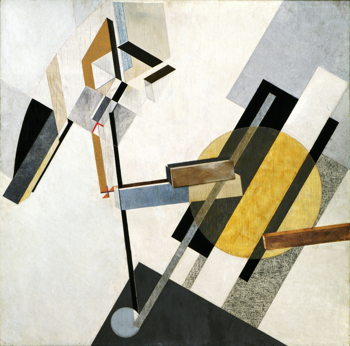 El Lissitzky (Russian, 1890–1941), “Proun 19D,” 1920 or 1921; gesso, oil, varnish, crayon, colored papers, sandpaper, graph paper, cardboard, metallic paint and metal foil on plywood, 38-  by 38¼ inches. The Museum of Modern Art, New York. Katherine S. Dreier Bequest.