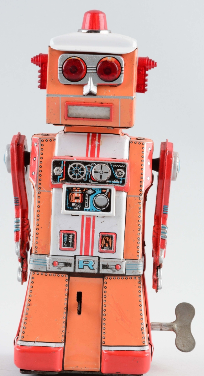Extremely rare Japanese tin litho windup mechanical Commander Robot, 10½ inches high, orange and red litho, made by Yonezawa with an “R” marked on the bottom of its chest and an unusual squarish head. It is very difficult to find this robot in any condition; lot 1124 is in very good condition, and it sold for $15,990, the middle of the estimate.