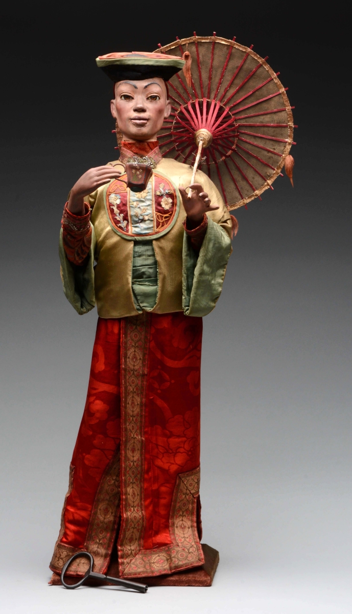 With a high estimate of $25,000, this antique tea drinker automaton, 30 inches tall, achieved $36,900. This automaton dates circa 1885 and was made in Paris by the renowned maker Gustave Vichy and is the third in a set of Asian themed automata. It is from the collection of Rita Ford Music Boxes and is in excellent condition.