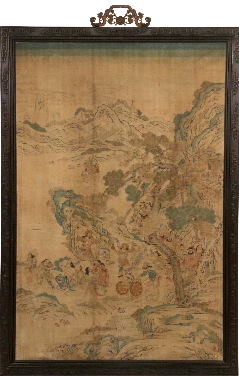 “We found this in the attic of a house in Camden, Maine,” Kaja said as he offered an Eighteenth Century or earlier large framed Chinese watercolor on silk depicting a procession of a warlord down a mountain path from his palace at the summit, accompanied by guards, concubines, dancers and other performers, a man with a peacock on a platform cart and a child riding a blue-faced demon. It was in a later handcarved wood frame and measured 40 by 26 inches sight. Bidding was at $1,200 when a bid from one of the bidding platforms came in at $35,000, and the phones played a part, with a caller from China winning the lot for $60,000. The final price, with the buyer’s premium, was $70,200.
