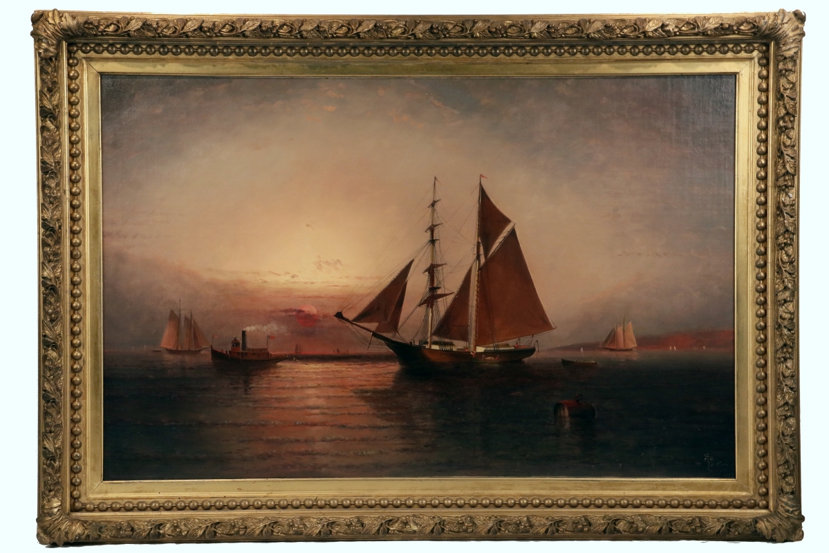 This oil on canvas depicting brigantine and tug entering harbor at dusk, signed lower right by Elisha Taylor Baker (New York/Connecticut, 1827–1890), probably the original frame, 24½ by 38½ inches sight, cleaned and relined, went well over the $18,000 high estimate, making $24,570.