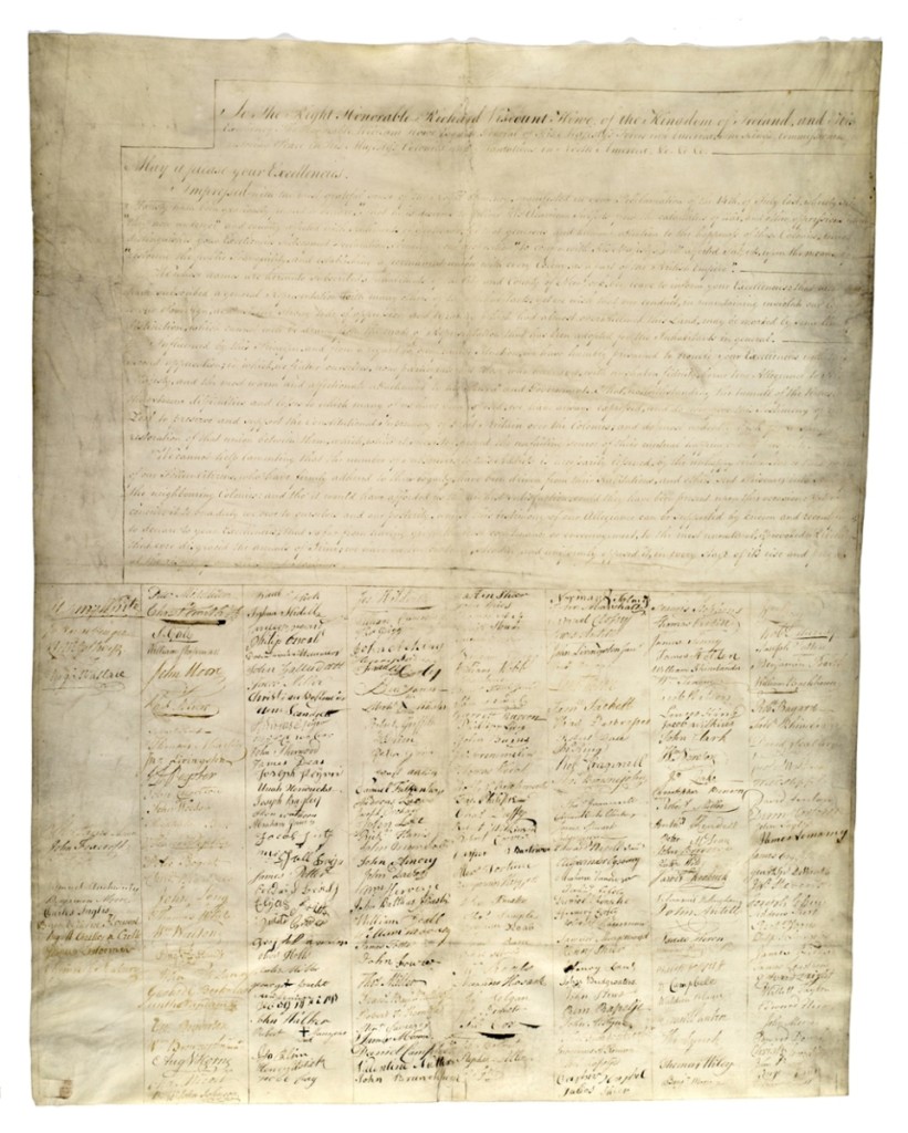 This declaration of loyalty to the British throne contains 932 names. Abraham Gomez, Uriah Hendricks and Moses Gomez Jr were among the 16 Jews who signed the document. “Address of Loyalty to the Conquerors, Admiral Richard Howe and General William Howe,” New York, October 16, 1776. New-York Historical Society Library
