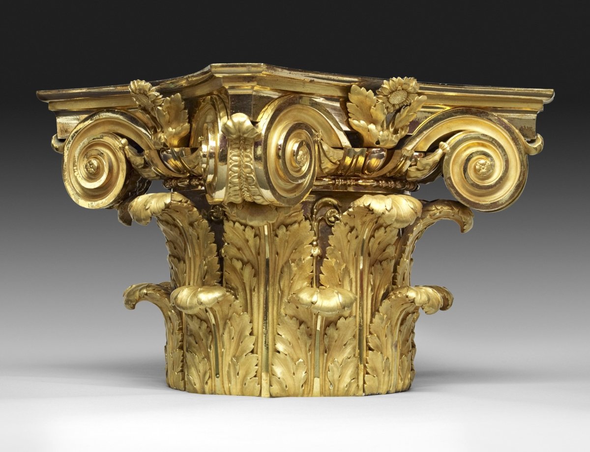 The Duke of Aumont had a collection of antique columns, 11 of which were ornamented with gilt-bronze additions by Gouthière. Purchased for Louis XVI in a sale after Aumont’s death, the vibrant Corinthian capital and associated base were part of the founding collection of the Louvre. Column capital by Pierre Gouthière, probably after a design by François-Joseph Bélanger, circa 1775−80. Gilt bronze, column dimensions 97 by 14 by 8 inches. Musée du Louvre. —Thierry Ollivier photo