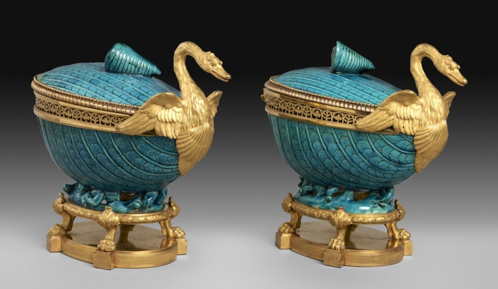 Two Eighteenth Century Chinese shell-form bowls became swan-prowed potpourri vases in the workshop of Gouthière. Possibly made for the Marquis of Clermont D’Amboise, they entered the Louvre collections in 1794, only two decades after their creation. Porcelain with gilt bronze by Pierre Gouthière, circa 1770−75. Each 11 by 12 by 7½ inches. Musée du Louvre.