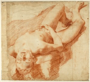 Annibale Carracci (Italian, 1560–1609), “Nude Study of a Young Man Lying on his Back,” circa 1583–85, red chalk. Nationalmuseum, Stockholm.
