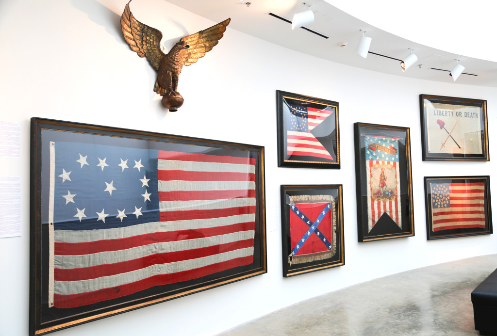 Jeff R. Bridgman’s monumental flags decorated the hallway on the third floor.