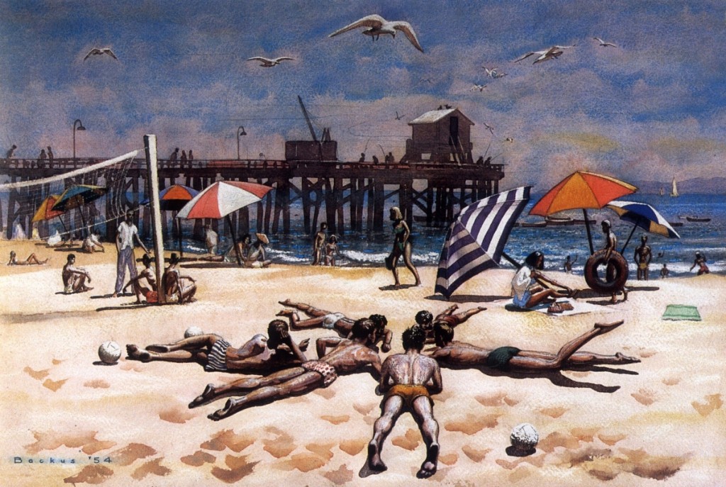 “Goleta Beach” by Standish Backus Jr, 1954; watercolor on paper, 15 by 22 inches, Ken and Jan Kaplan Collection.