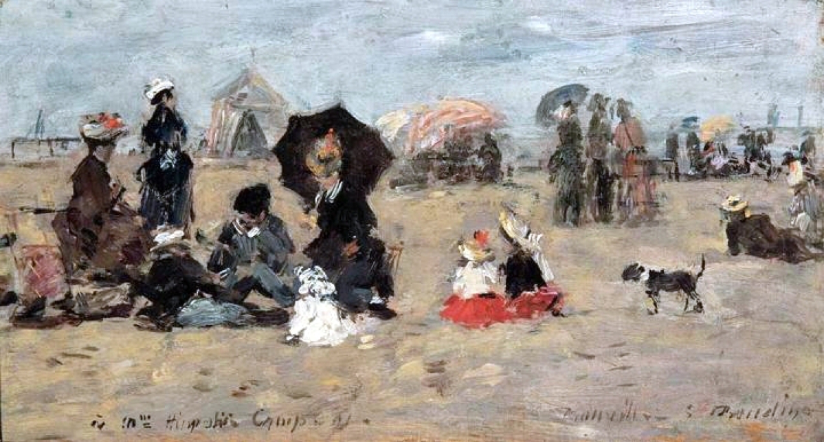 This diminutive beach scene by French artist Eugene Boudin (1824-1898), “Trouville, Scene de Plage,” brought $262,500.