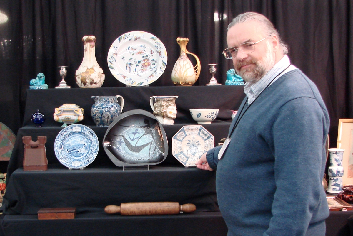 John Prunier, Warren, Mass., had a wide selection of early ceramics, including delft, blue and white Staffordshire, creamware and tortoiseshell glazed items.