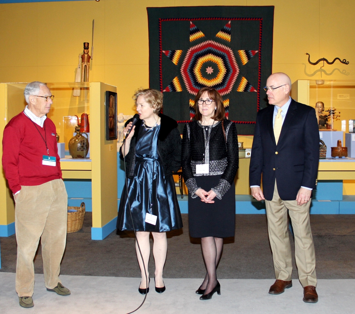The 2017 loan exhibit celebrates the 60th anniversary of the Abby Aldrich Rockefeller Folk Art Museum at Colonial Williamsburg. From left, Winter Antiques Show chairman Arie Kopelman, executive director of the show, Catherine Sweeney Singer, Chubb North America division president Fran O’Brien and Ronald L. Hurst, chief curator and vice president of collections at Colonial Williamsburg.