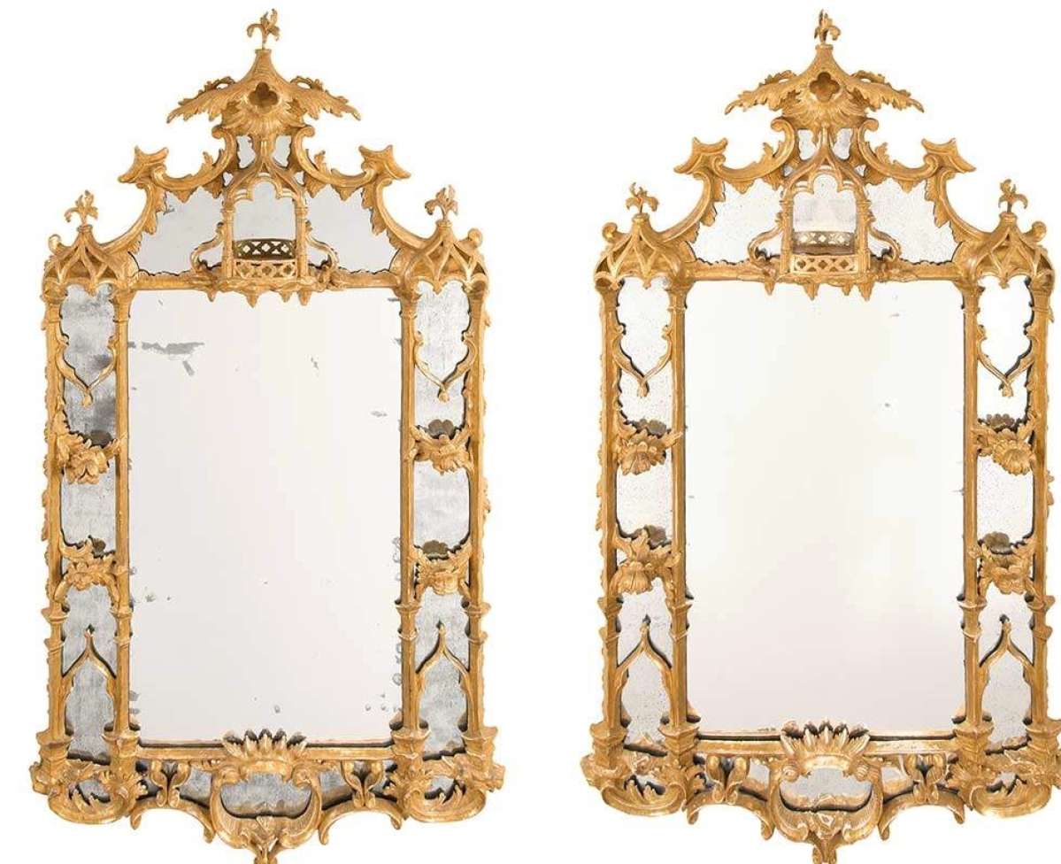 A pair of circa 1755 George II giltwood pier mirrors achieved $75,000, more than doubling their $25/35,000 estimate.