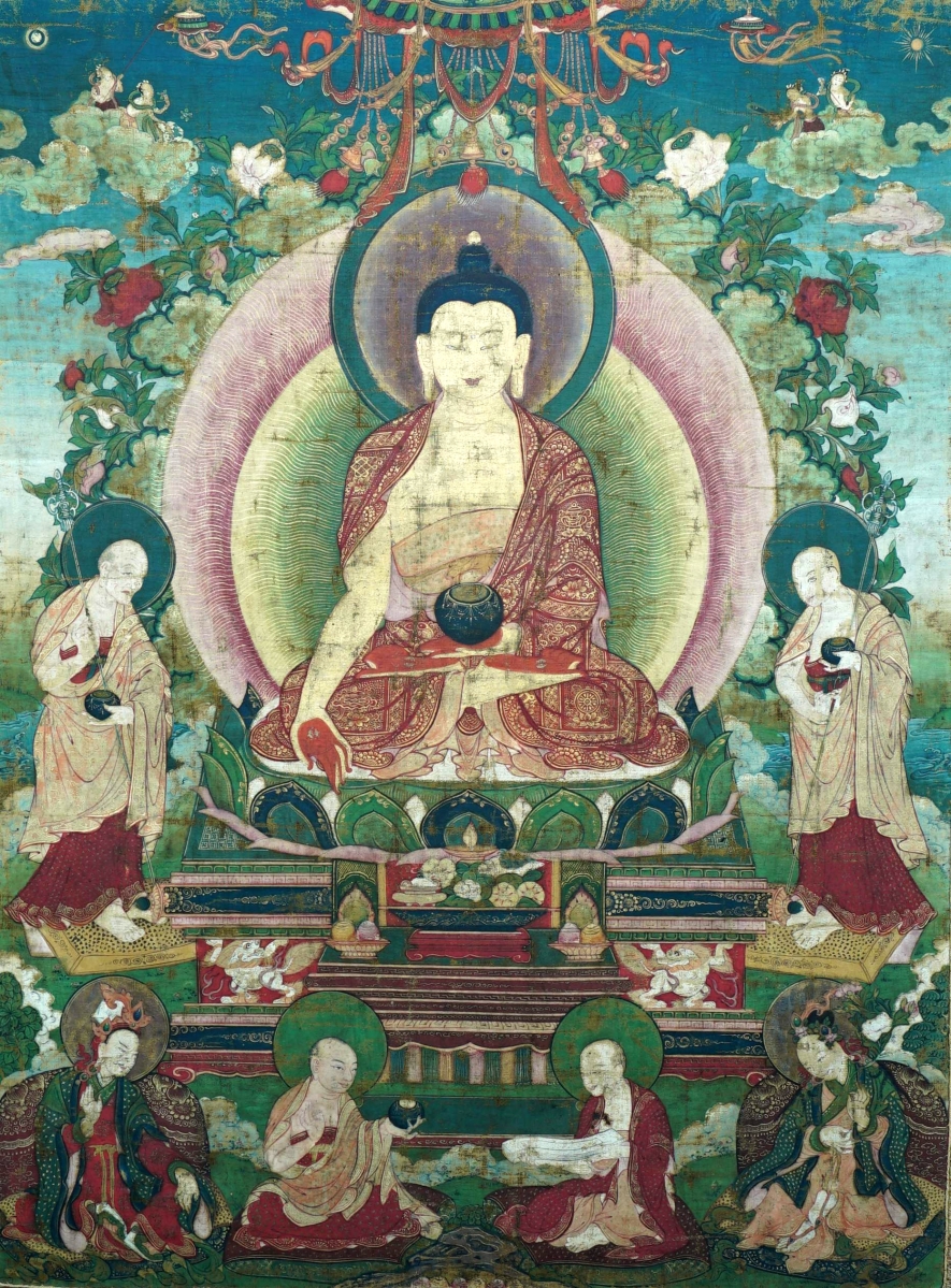 Sino-Tibetan thangka, 24- by 18½ inches, ink, pigments and gold on cotton cloth, anonymous artist, Eighteenth Century.