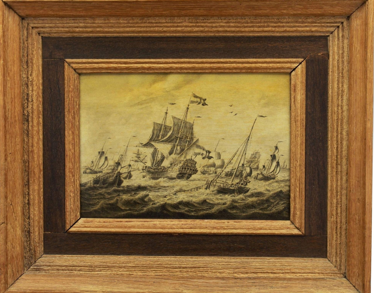 Adriaen Cornelisz Van der Salm (Dutch, 1657–1720) rare maritime penschilderij (pen/ink painting) on oak panel was the top lot at $57,820.