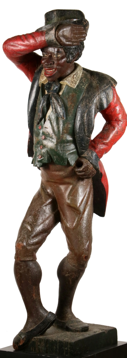 The carved and polychromed figure is said to be “Daddy Rice,” a blackface minstrel performer known for playing the character Jim Crow. His real name was Thomas Dartmouth Rice and he died in 1860. The 52-inch figure was known to have stood on Broadway, outside theaters and tobacco shops. The sale’s top lot at $157,950, it had been exhibited several times in museums, such as the Corcoran Gallery in Washington and the Brooklyn Museum.