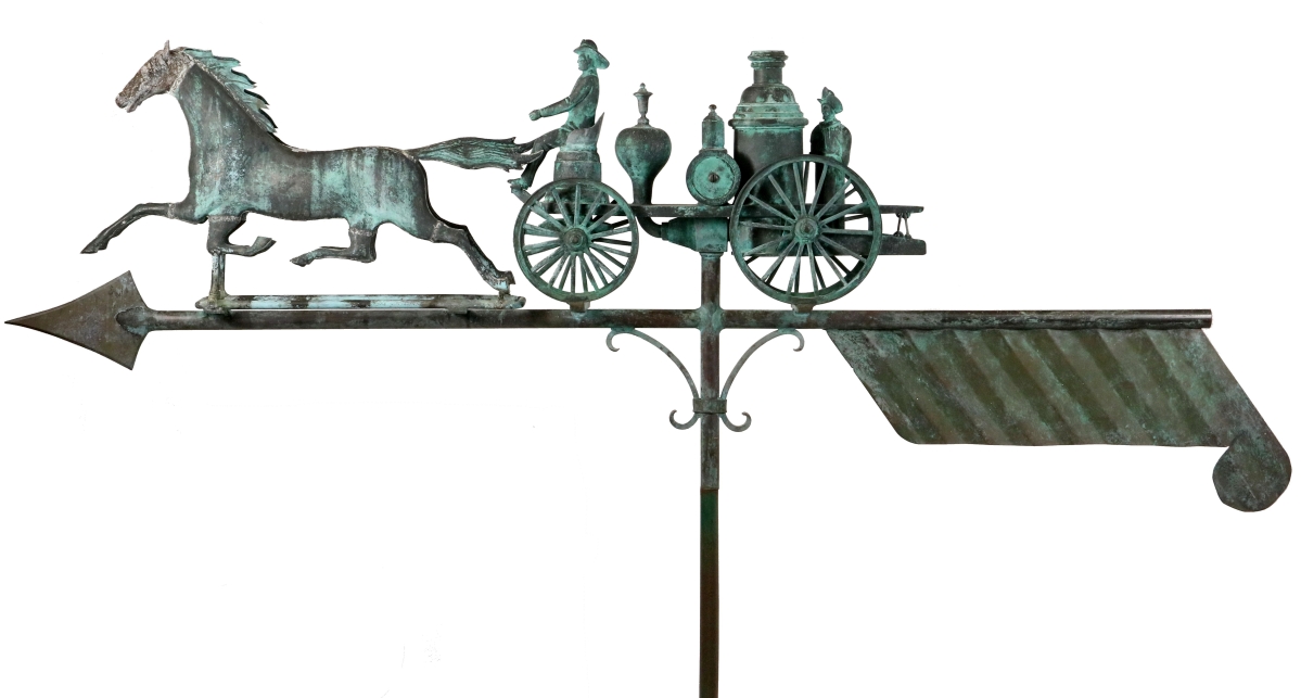 Probably made by Westevelt, the horse-drawn steam pumper weathervane was made of bronze copper and zinc. It was more than 7 feet long, with a good patina and it sold for $55,575.