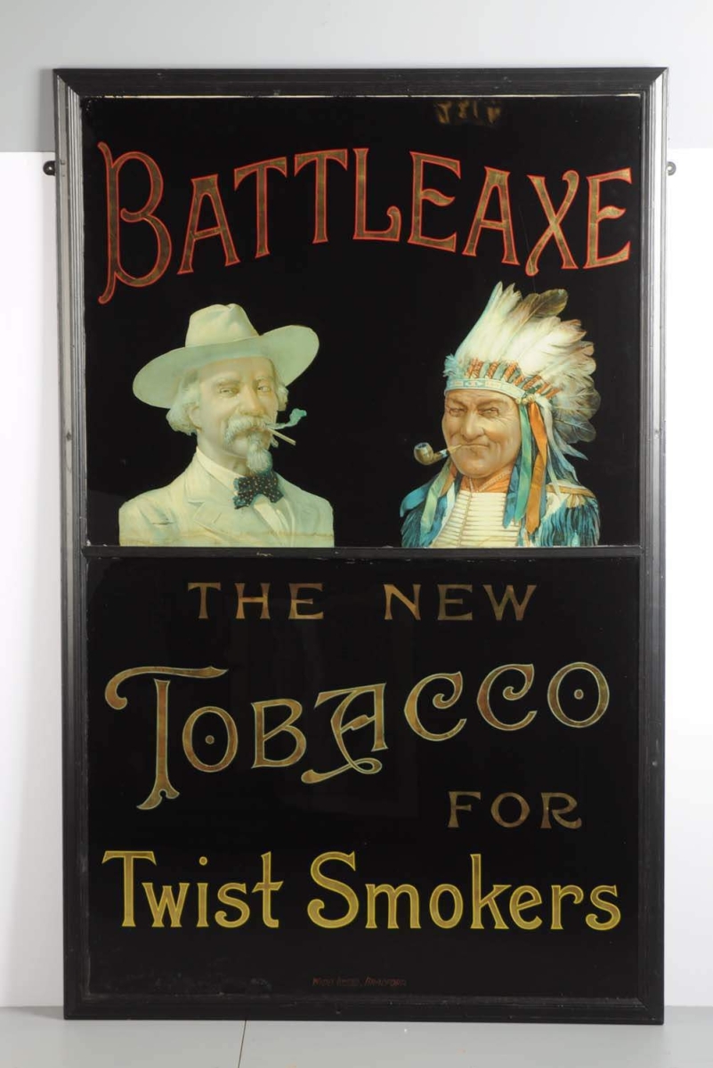 The star of this auction was a Battle Axe Tobacco reverse glass advertising sign that was bid to $73,800.