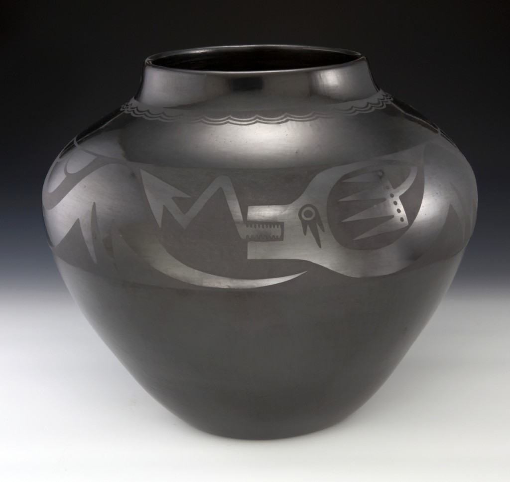 Maria Martinez and Popovi Da, black-on-black jar with Avanyu, 1957, polished blackware pottery with matte slip paint, 15¾ by 19 inches in diameter.