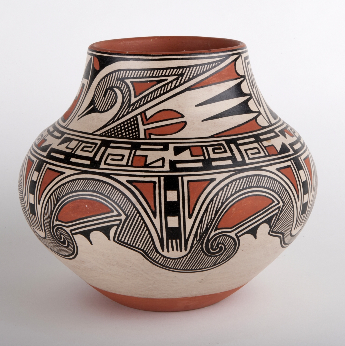 Maria Martinez and Popovi Da, polychrome olla, 1966, polychrome pottery, 8½ by 10½ inches in diameter.