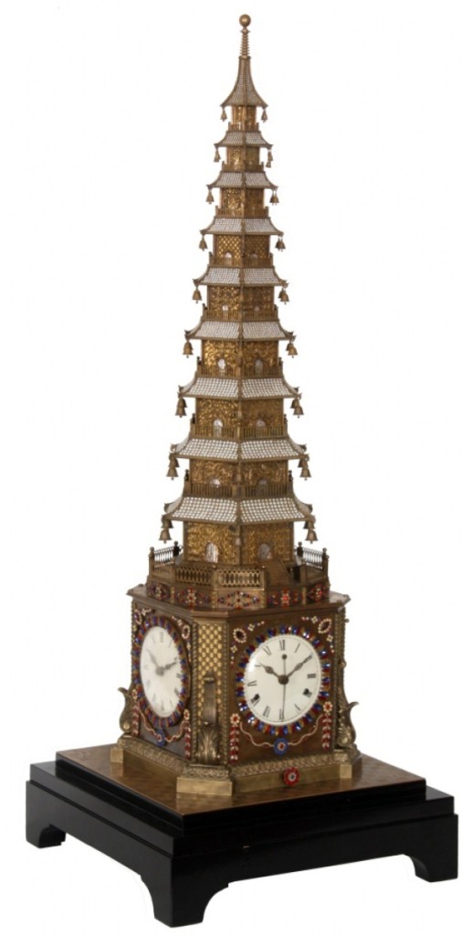 The star of the sale was this extremely rare bronze automaton musical clock in the form of a nine-tier pagoda, made in England during the Eighteenth Century for the Chinese imperial palace. Every two hours, the pagoda extends and retracts while playing a Chinese folk song. An American buyer paid $998,250 for it.