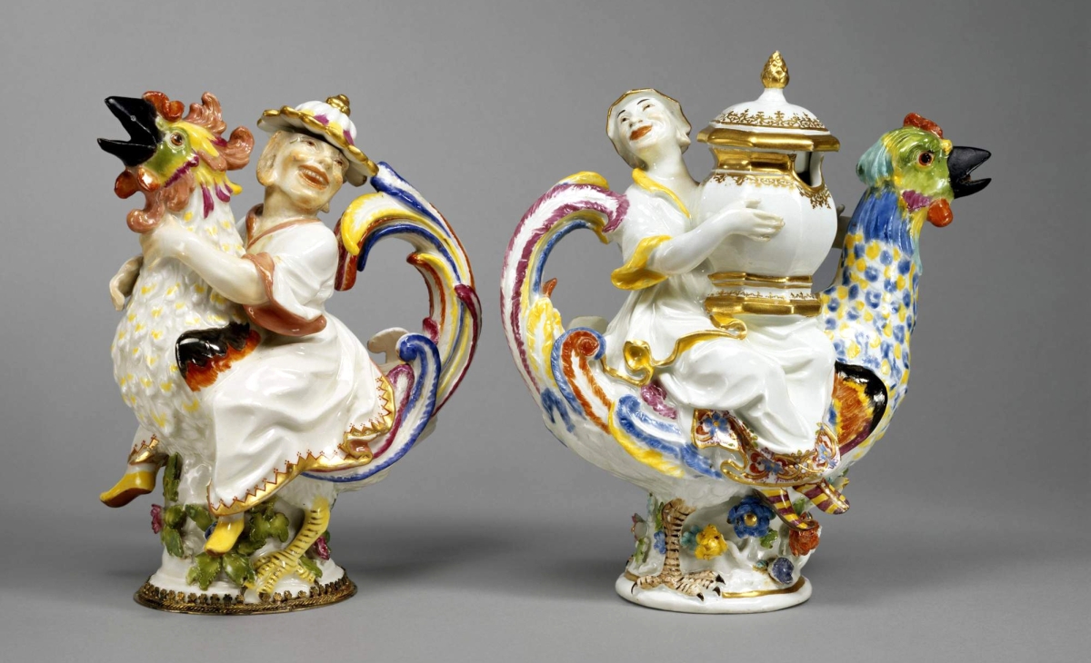 Cruet and mustard pot, hard-paste porcelain, 1737–39,modeled by Johann Joachim Kändler, 1737, cruet, 7 inches high; mustard pot, 7½ inches high. Private collection. —Maggie Nimkin photo