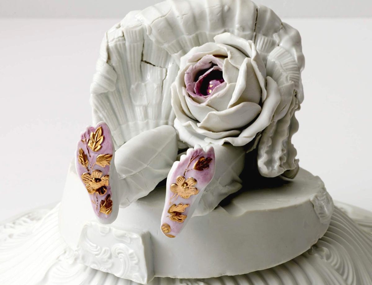 “Dancing Girl with Two Right Feet” by Arlene Shechet, 2012, glazed hard-paste porcelain, gold, 10- inches high. Unique. Private collection. —Jason Wyche photo