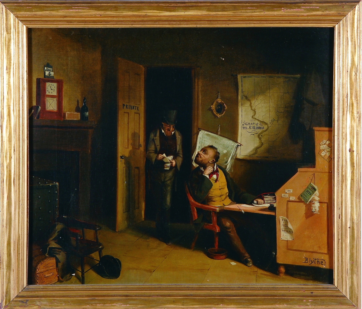 “January Bills,” an important 1859 work by genre painter David Gilmour Blythe (1815–1865), sold to American art specialist Thomas Colville for $420,000. Owned by Francis P. Garvan before Millicent Rogers acquired it, it has a distinguished exhibitions and publications history but had been off the market for decades.