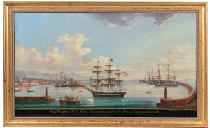 The legend underneath this painting by M. Renault (French, Nineteenth Century) identified the scene as the “Ship Houghton, Wm. G. Percy Commander, entering the Port of Leghorn, November 24th, 1862.” It was the top selling marine painting of the day, finishing at $22,140.