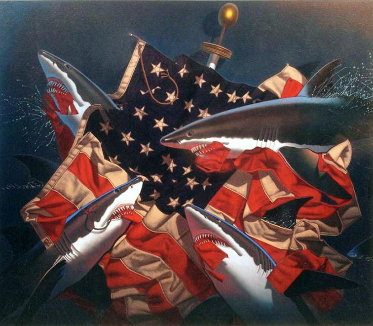 “Frenzy,” 2007, oil on canvas, 60 by 70 inches, reveals a slightly darker image of the American flag than might be expected. It is in the artist’s collection.