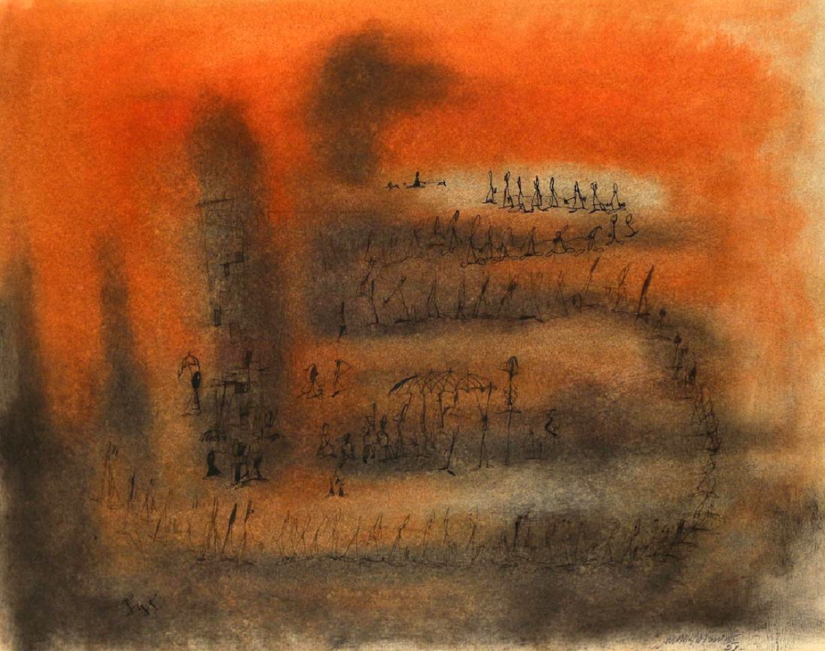 The highest priced work in this sale for any artist in the Spiral group, a Norman Wilfred Lewis mixed media on paper, titled “Figures on an orange ground,” sold above high estimate for $21,600.